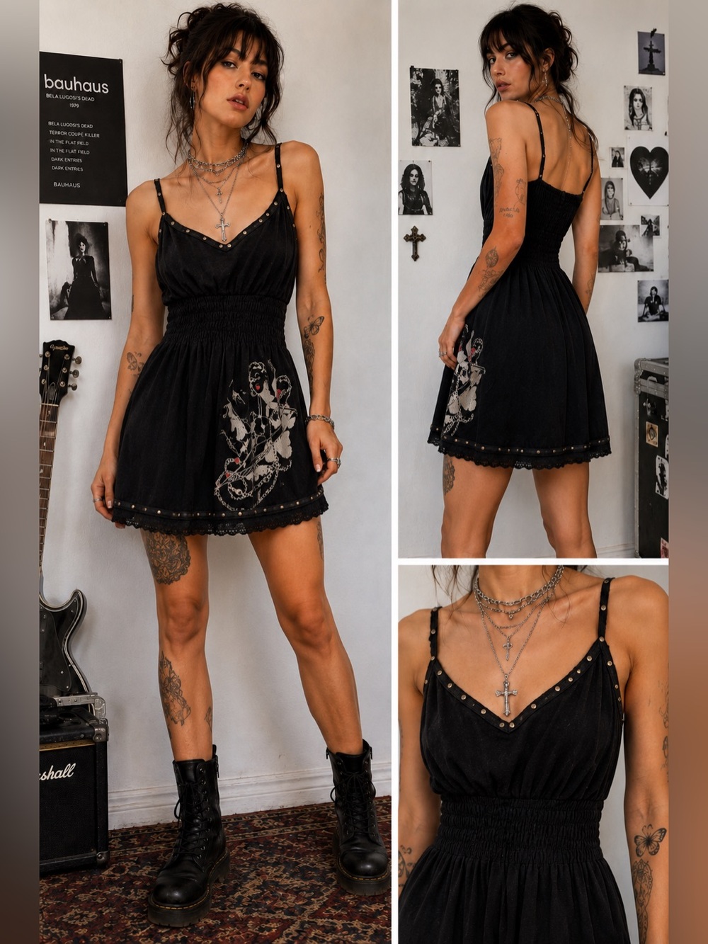 Crash & Burn Black Mini Dress Large Y2K Indie Sleaze Goth USA Made fairy grunge